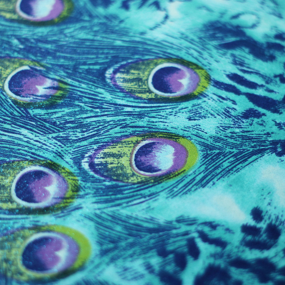 Peacock Foil Polyester Spandex Fabric - Peacock Feather Print, Pink/Turquoise, 58/60" Width (1 Yard)