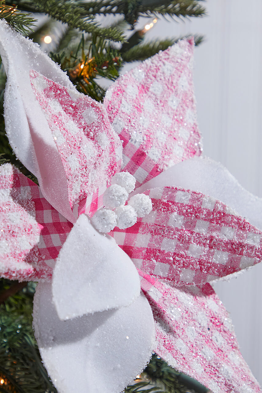 19" x 12" Pink & White Checkered Poinsettia Pick
