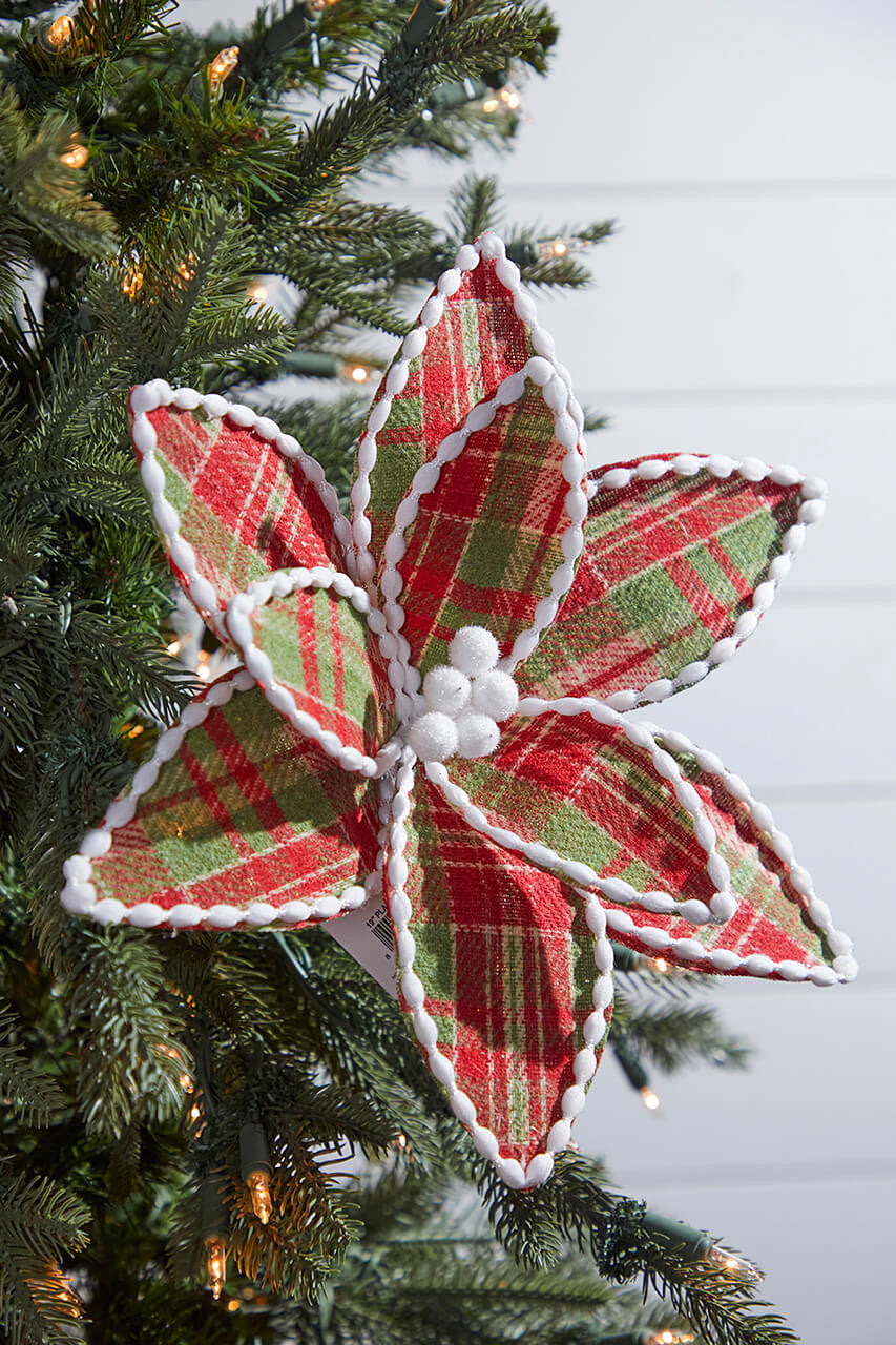 Red Green Plaid Poinsettia Pick 19 Inch Farmhouse Christmas Decor