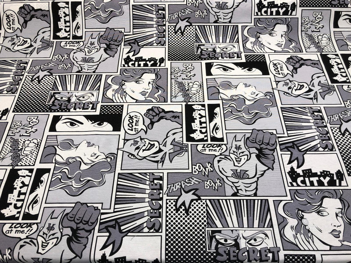 ArtCo Superhero Bonk Cotton Fabric - Black, White, Gray Comic Print, 54" Width (1 Yard)