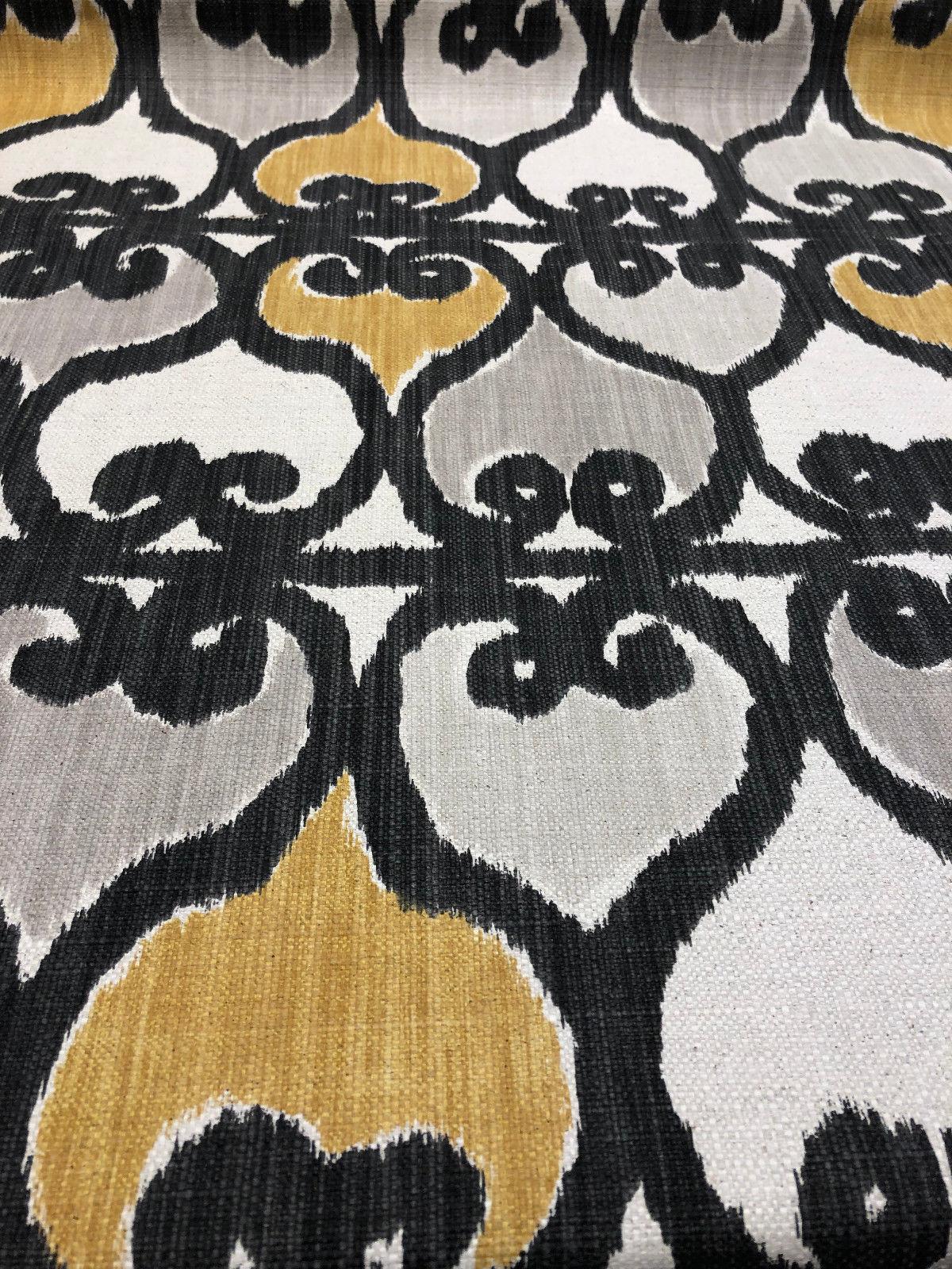 Rejas Linen Upholstery Fabric - Yellow Gray Geometric Pattern, 56" Width (By The Yard)