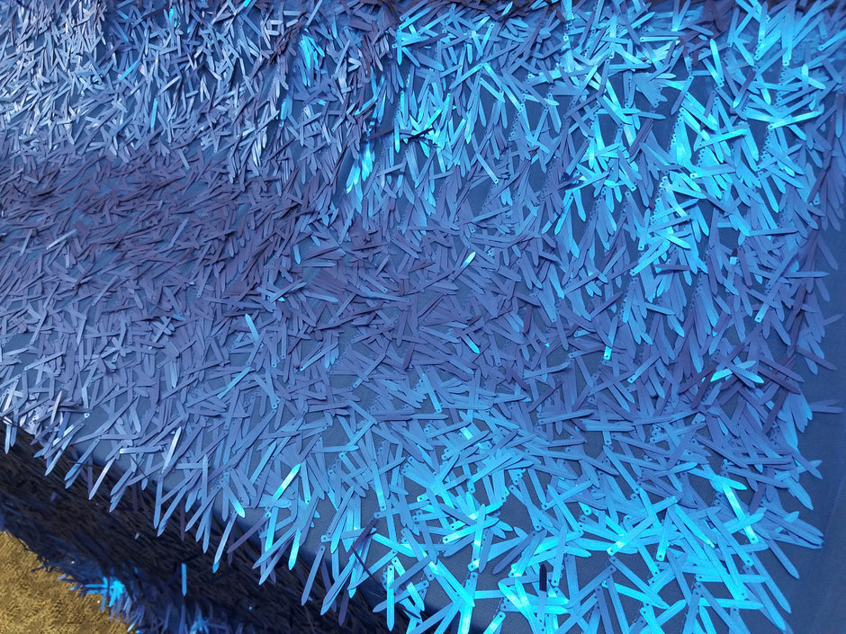 1 Yard Royal Blue/Black Long Teardrop Sequins Fabric on Black Mesh 50/52 Inch Width