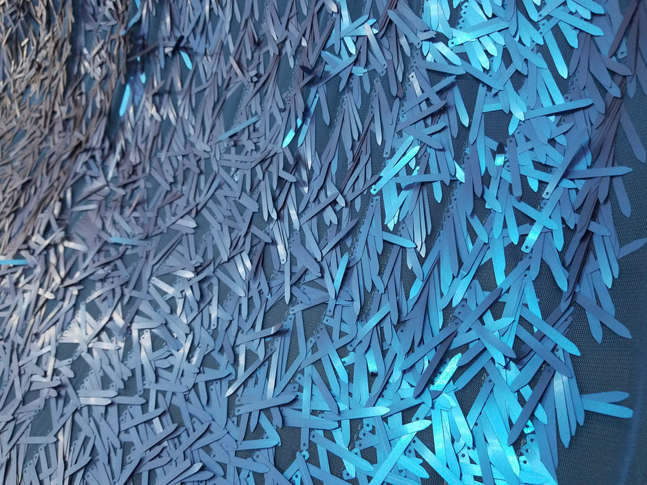 1 Yard Royal Blue/Black Long Teardrop Sequins Fabric on Black Mesh 50/52 Inch Width