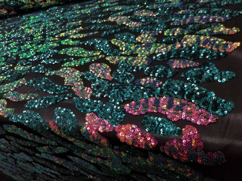 1 Yard Teal Multicolor Full Sequins Embroidered Lace Fabric on Black Tulle 50/52 Inch Width