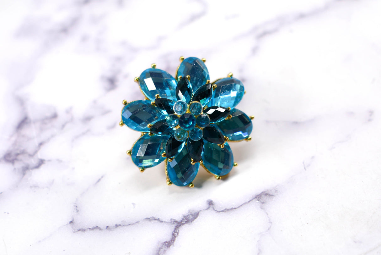 Rhinestone Brooch Blue Floral Pin-On