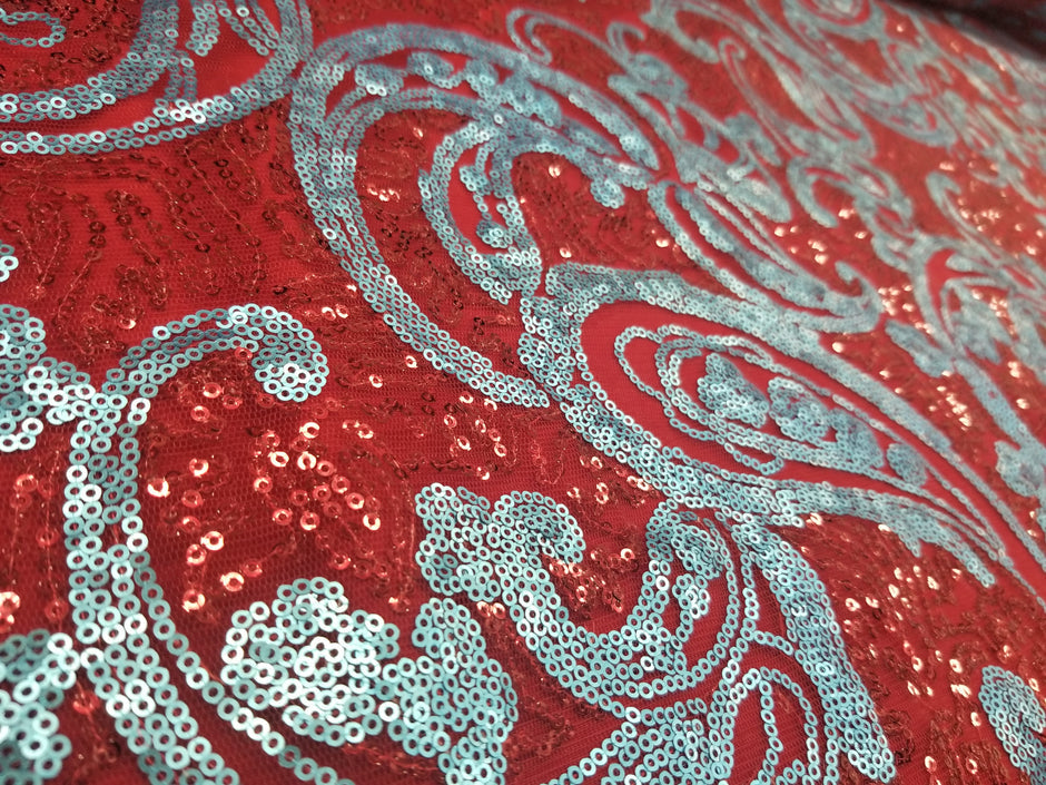 1 Yard Turquoise Black Paisley Bridal Lace Fabric with Sequin Embroidery Elegant Sheer Mesh 54 Inch Width