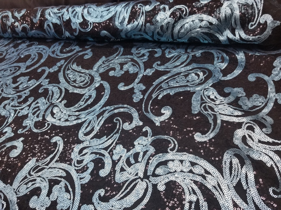 1 Yard Turquoise/Black Elegant Paisley Bridal Lace Fabric With Sequins Embroidery 50/52 Inch Width