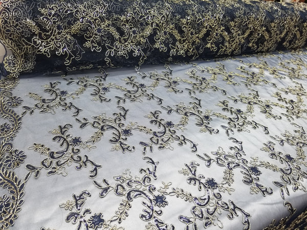 1 Yard Navy Metallic Flowers Sequins Mesh Lace Fabric for Tablecloths and Costumes 54 Inch Width