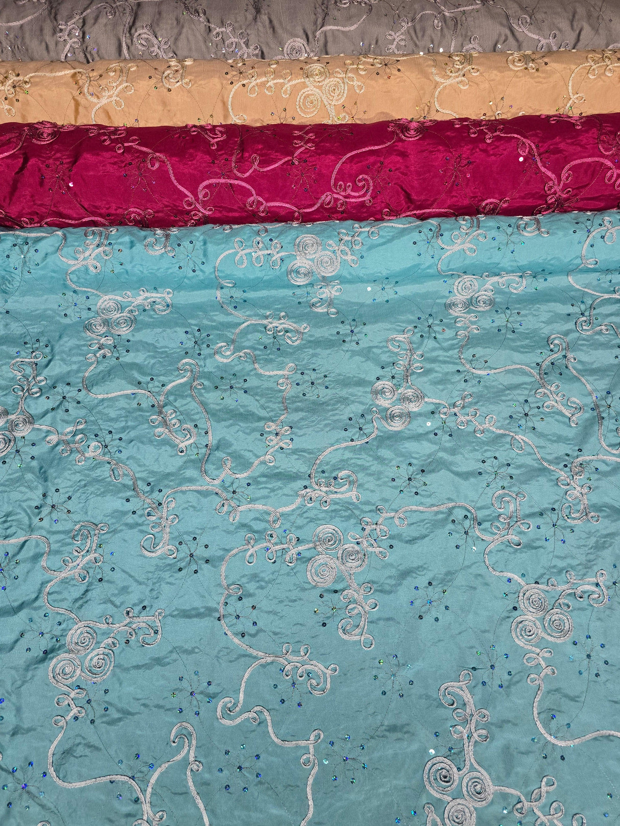 Sequins Ribbon Taffeta Polyester Fabric - Flower Swirl Embroidery With Sequins, 54" Width, Multiple Colors (1 Yard)