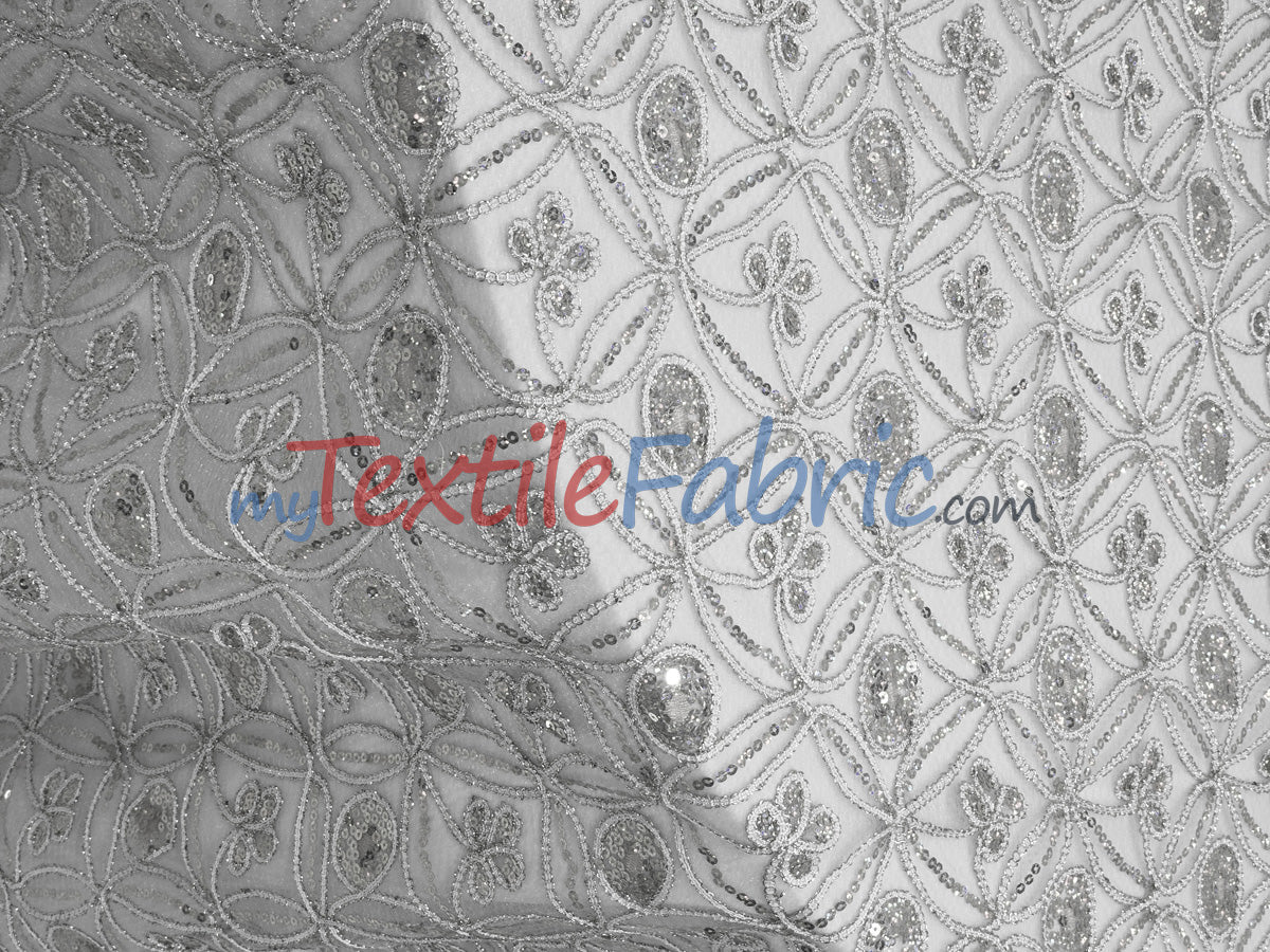 Coco Star Sheer Embroidery Fabric - Champagne, Gold, Silver Star Sequins, Double Scallop Lace, 52" Width