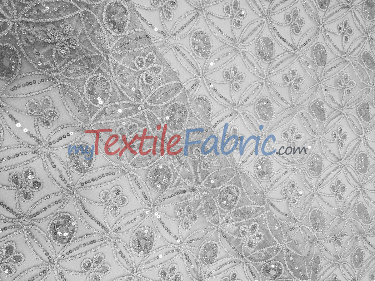 Coco Star Sheer Embroidery Fabric - Champagne, Gold, Silver Star Sequins, Double Scallop Lace, 52" Width