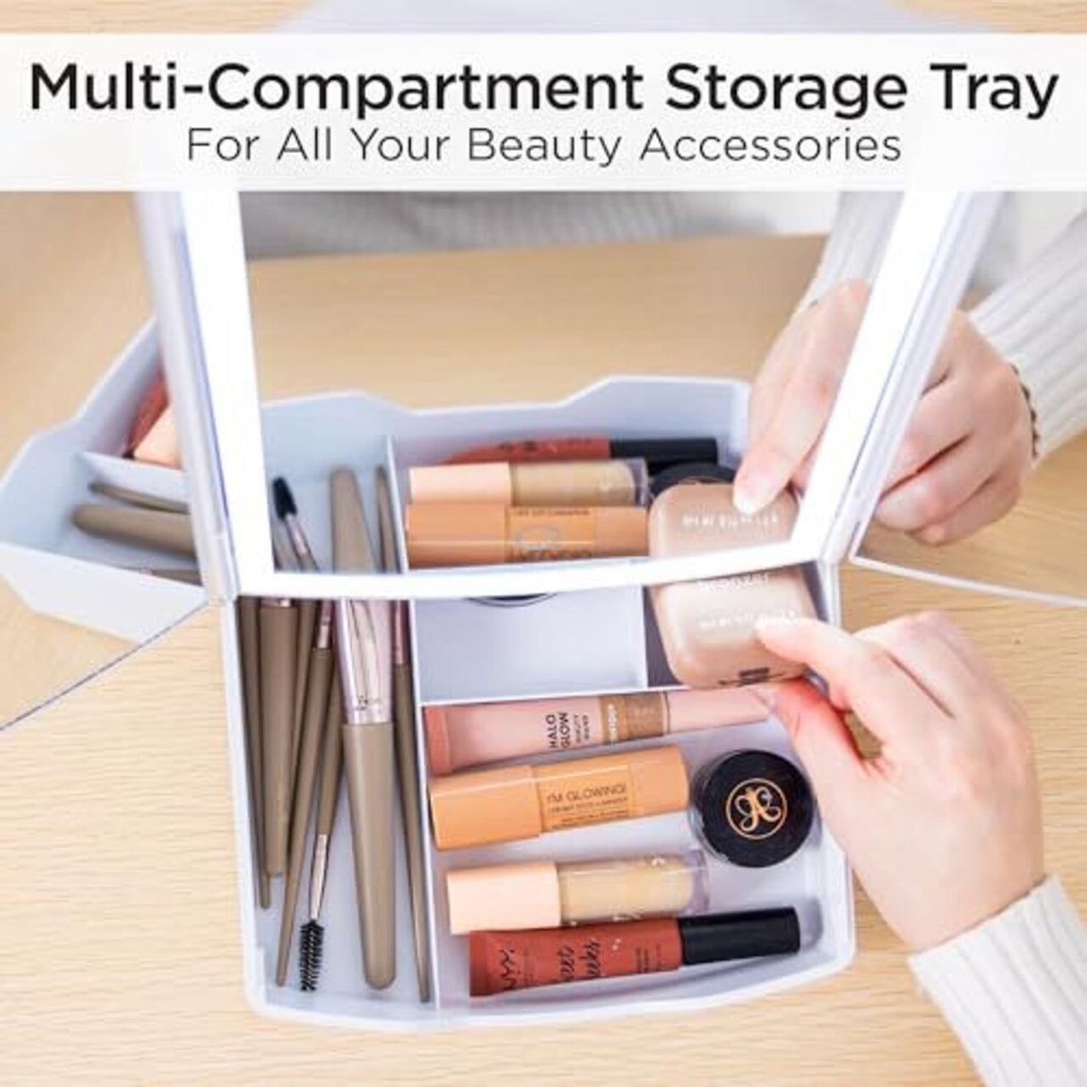 iHome iCVS30 Portable Tri-Fold Lighted Vanity Mirror with Makeup Organizer – Three Color Light Modes