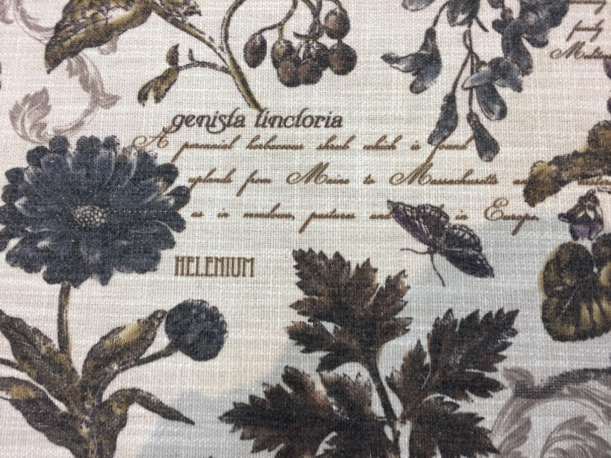 Scripture French Floral Linen Blend Upholstery Fabric - French Floral Scripture Print, 54" Width (By The Yard)