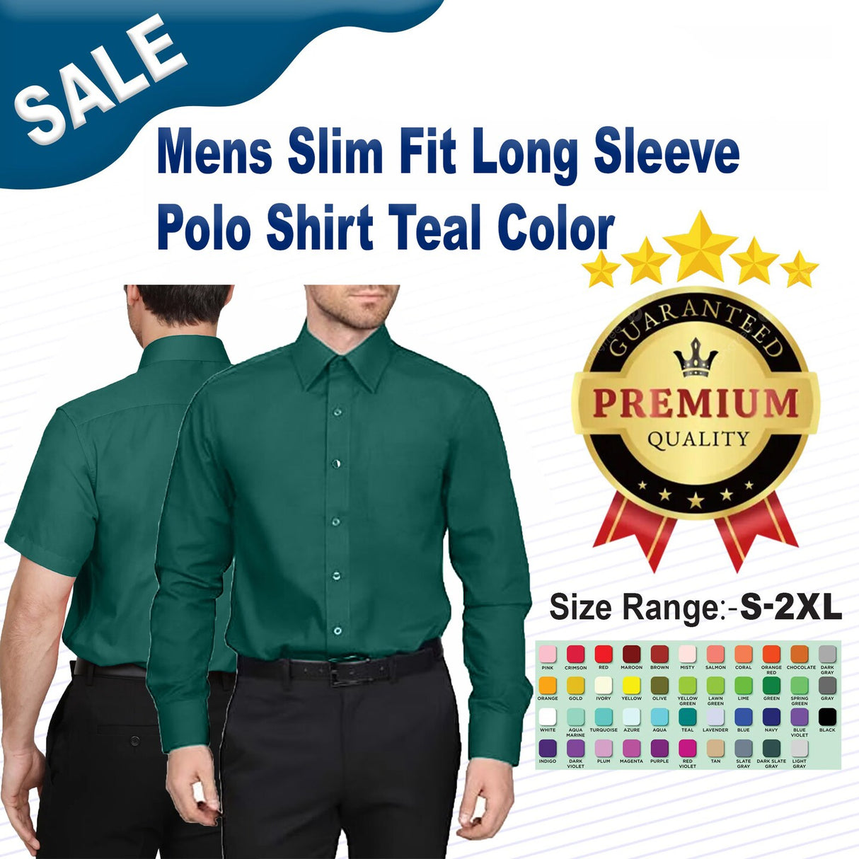 Mens Slim Fit Long Sleeve Polo Shirt Teal Color
