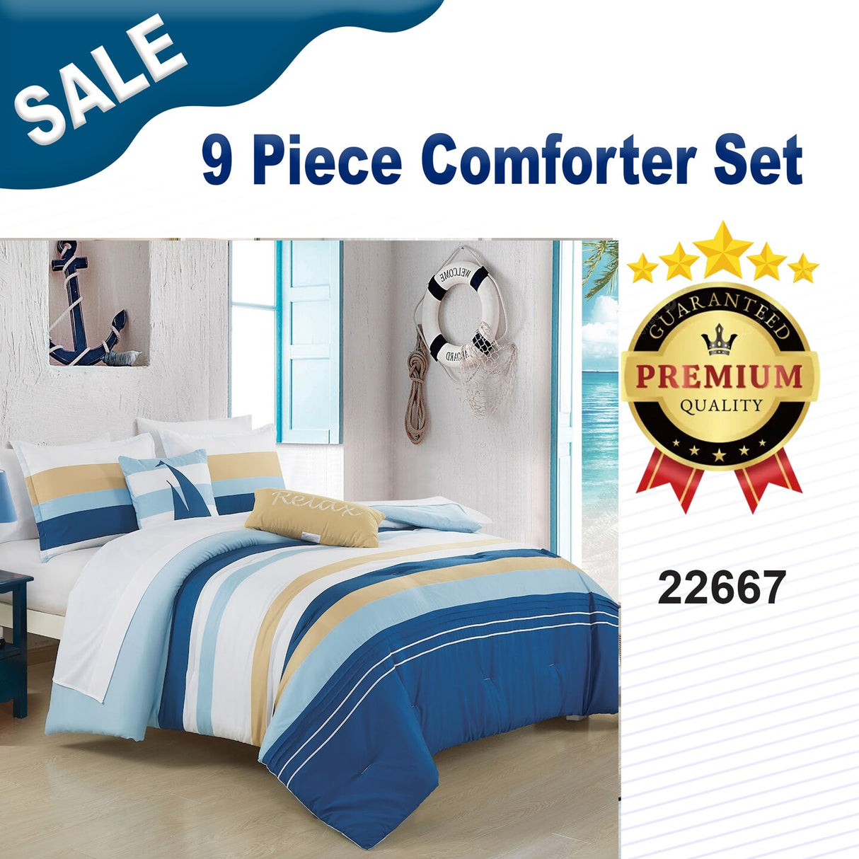 9-Pieces Sailboat Blue Yellow White Coastal Bedding Comforter Set