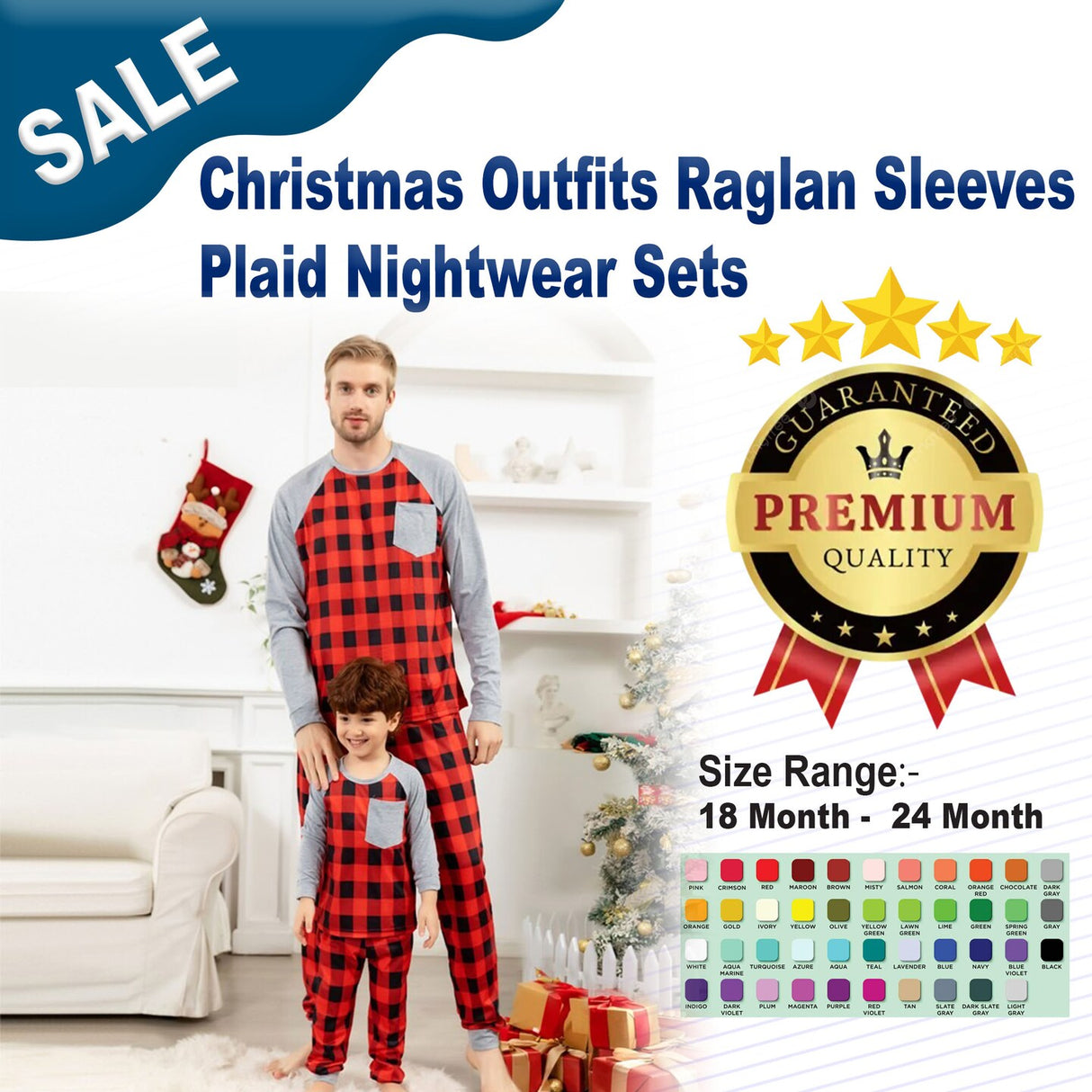 Christmas Outfits Raglan Sleeves Plaid Nightwear Sets