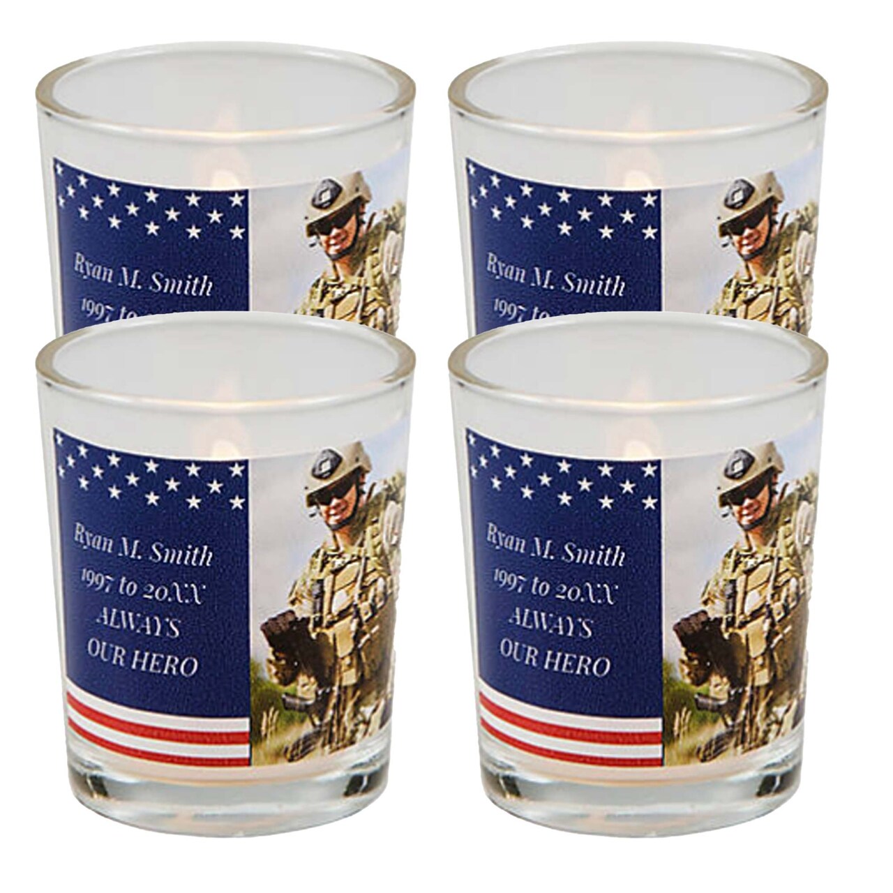 2 1/2" Personalized Patriotic Photo Memorial Votive Holders 12 Pieces