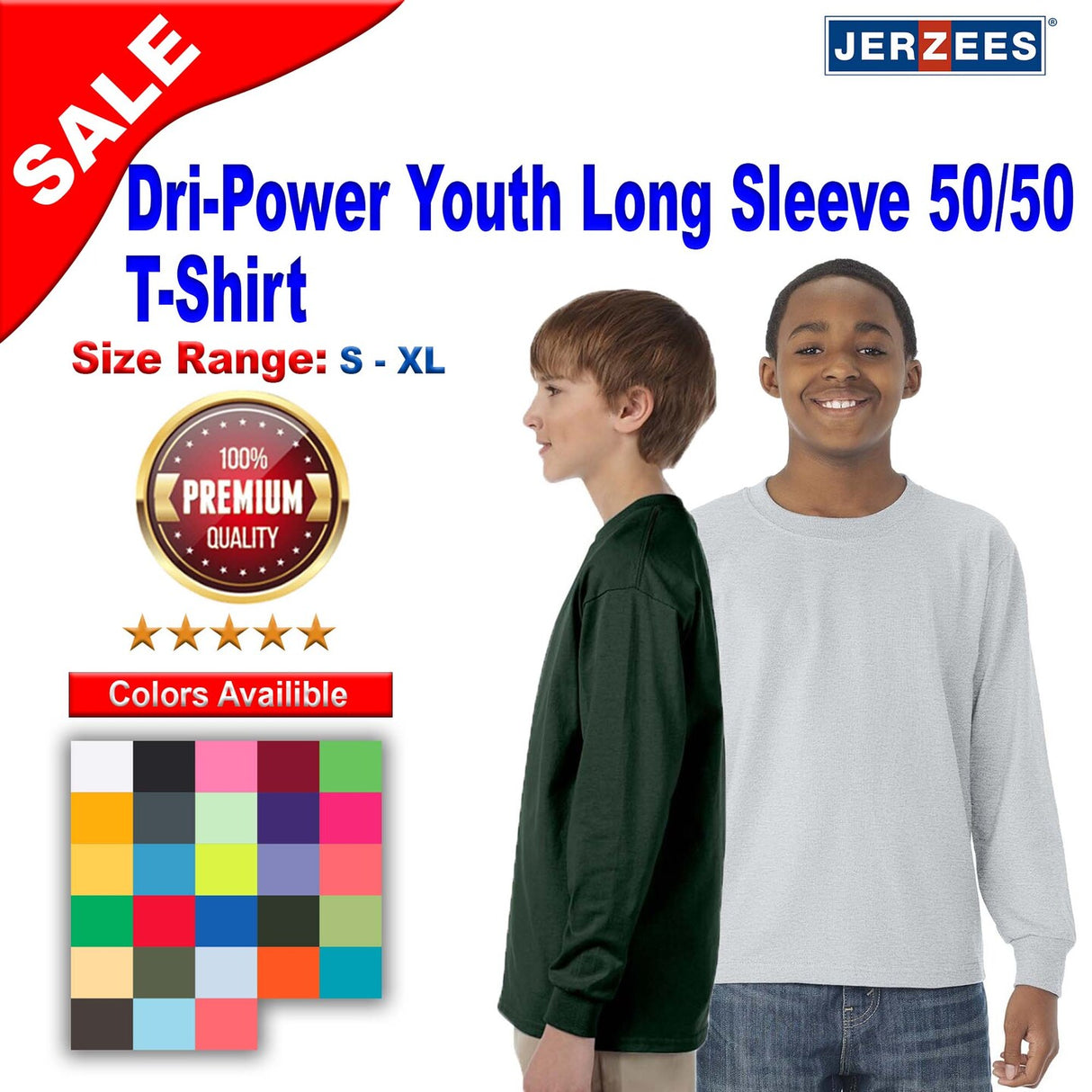 JERZEES® Dri-Power Youth Poly Cotton Long Sleeve Crewneck T-Shirt