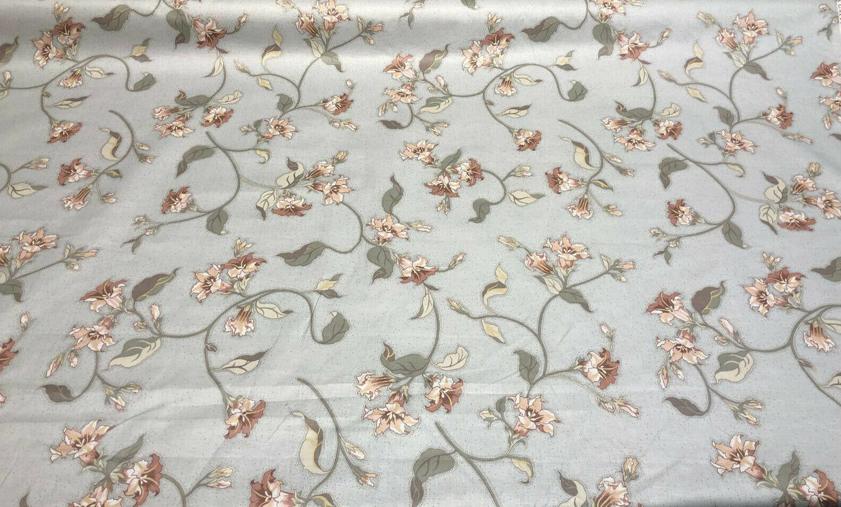 Louis Nichole Vintage Cotton Fabric - Gray Floral Pink Green Floral Design, 56" Width, 27" Horizontal Repeat, 30.5" Vertical Repeat (1 Yard)