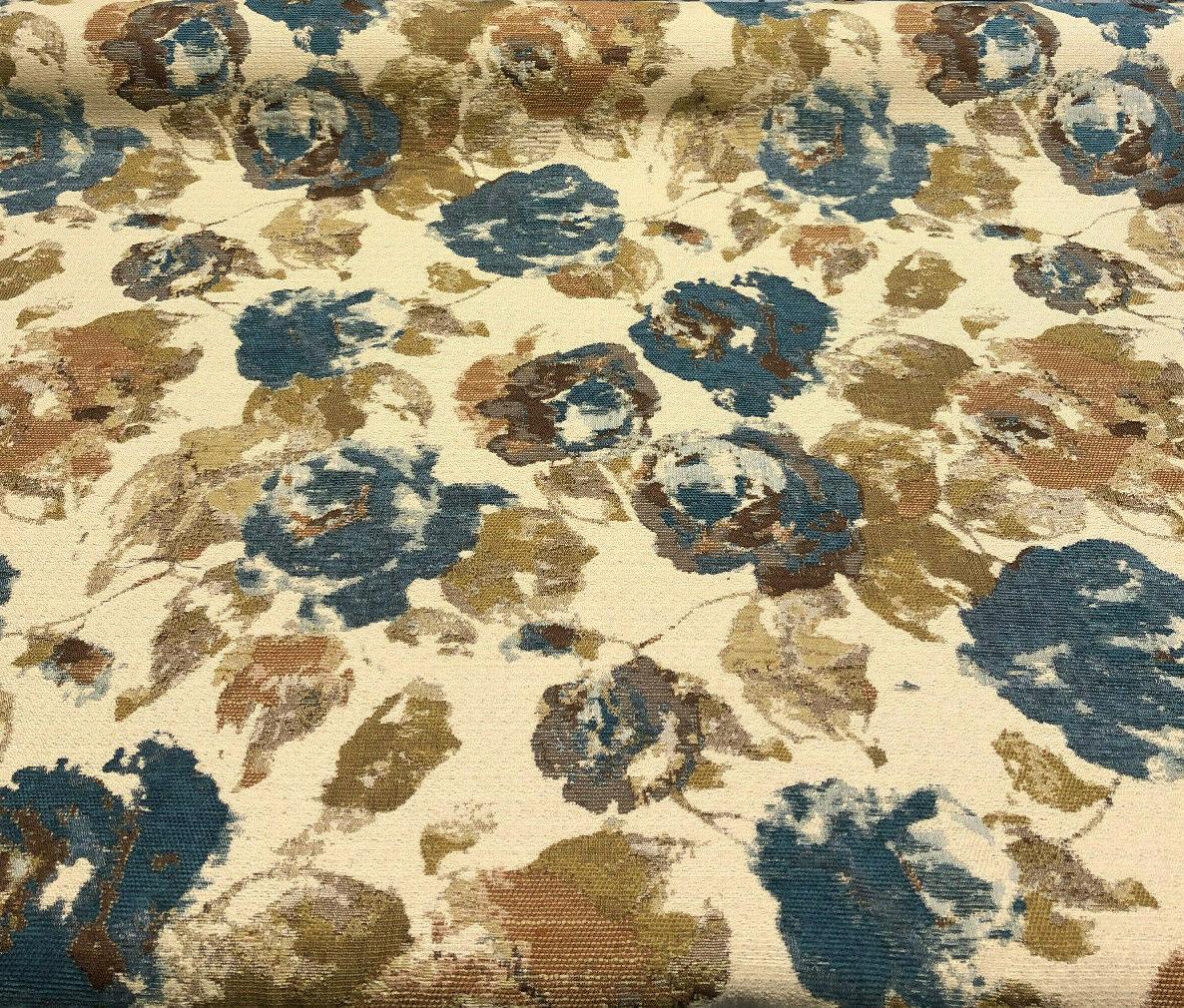 Water Floral Tapestry Upholstery Fabric - Teal Gold Light Browns, 56" Width (1 Yard)