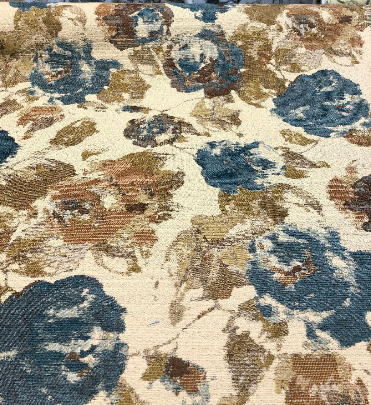 Water Floral Tapestry Upholstery Fabric - Teal Gold Light Browns, 56" Width (1 Yard)
