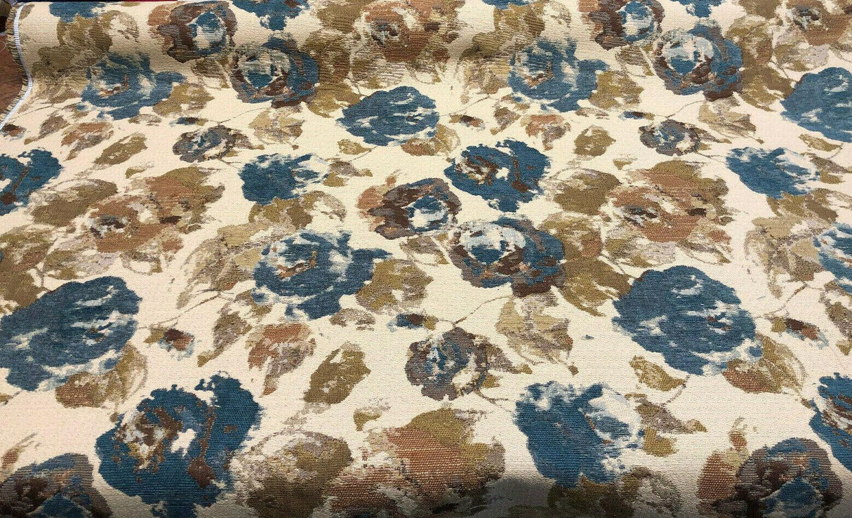 Water Floral Tapestry Upholstery Fabric - Teal Gold Light Browns, 56" Width (1 Yard)