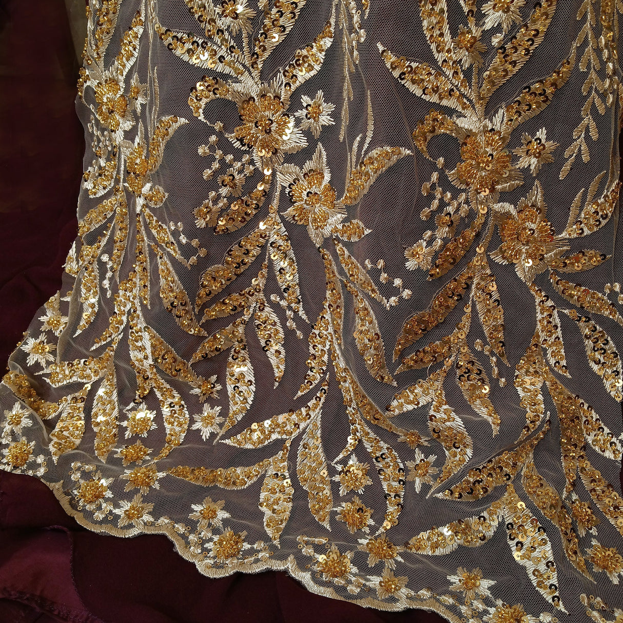 Beaded Lace Fabric on Polyester Net Mesh 50"