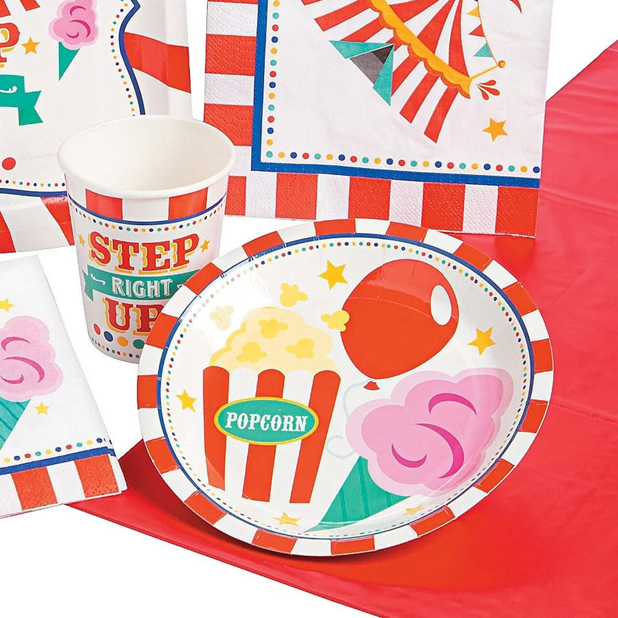 8 Ct. Carnival Party Paper Dessert Plates Popcorn, Balloon & Cotton Candy Design 7-Inch