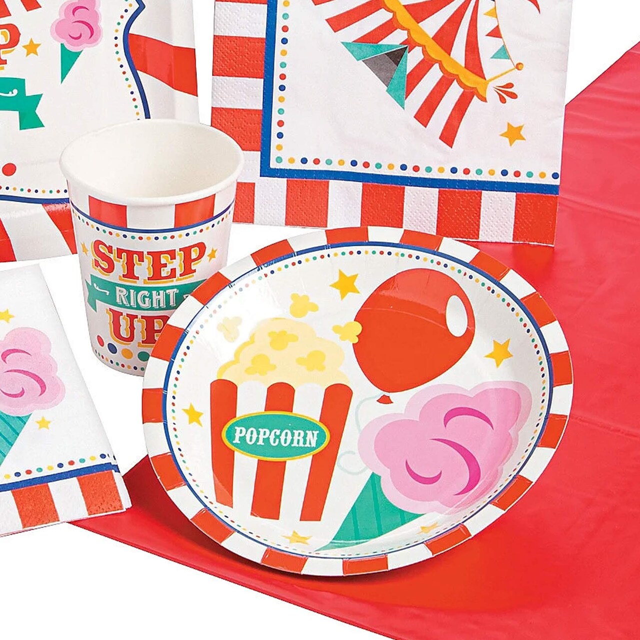 8 Ct. Carnival Party Paper Dessert Plates Popcorn, Balloon & Cotton Candy Design 7-Inch