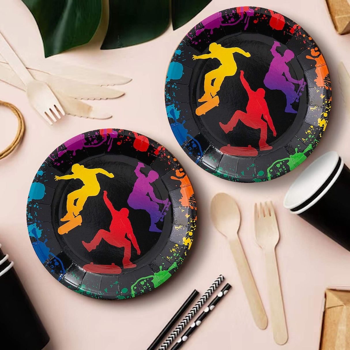 8 Ct. Skateboard Party Kick Flip Paper Dessert Plates 7.25-Inch Plates