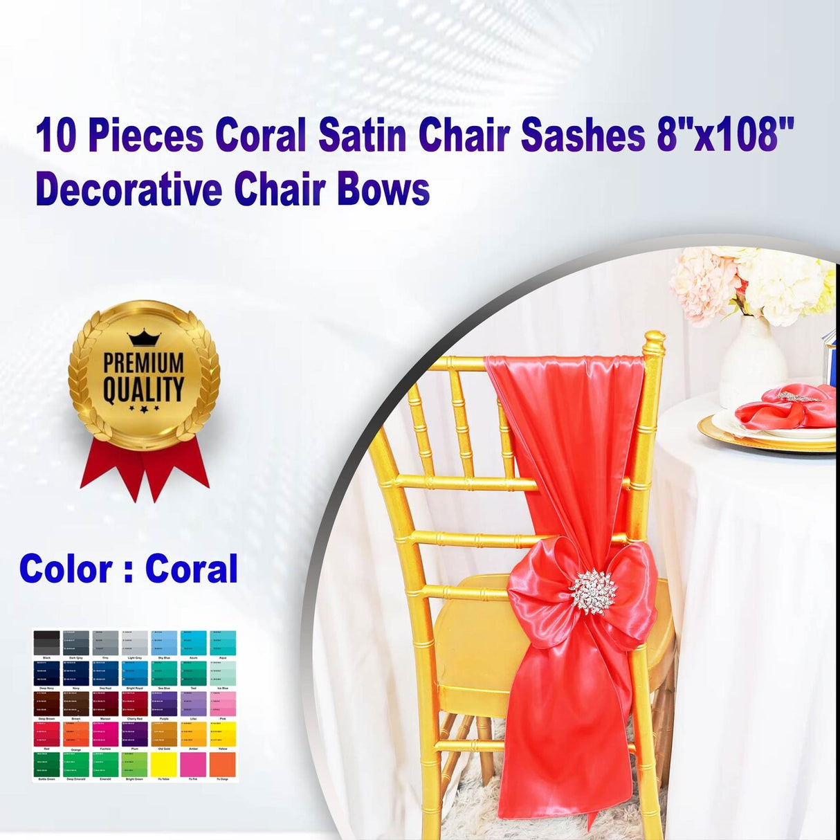 10 Pieces Coral Satin Chair Sashes 8"x108" Decorative Chair Bows