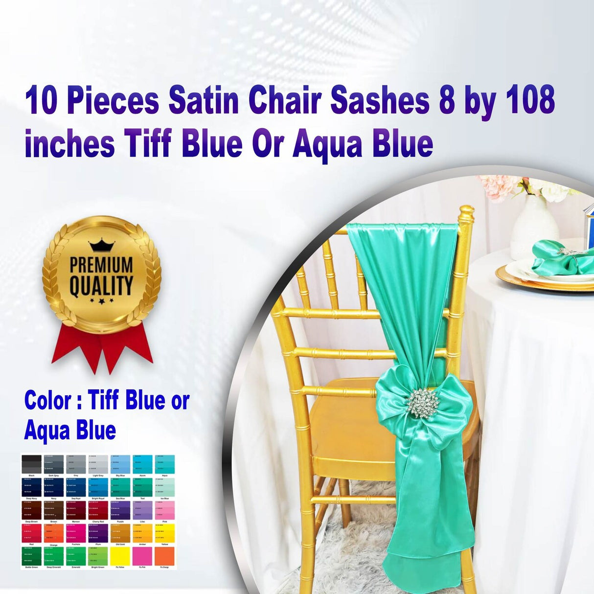 10 Pieces Satin Chair Sashes 8 by 108 inches Tiff Blue Or Aqua Blue