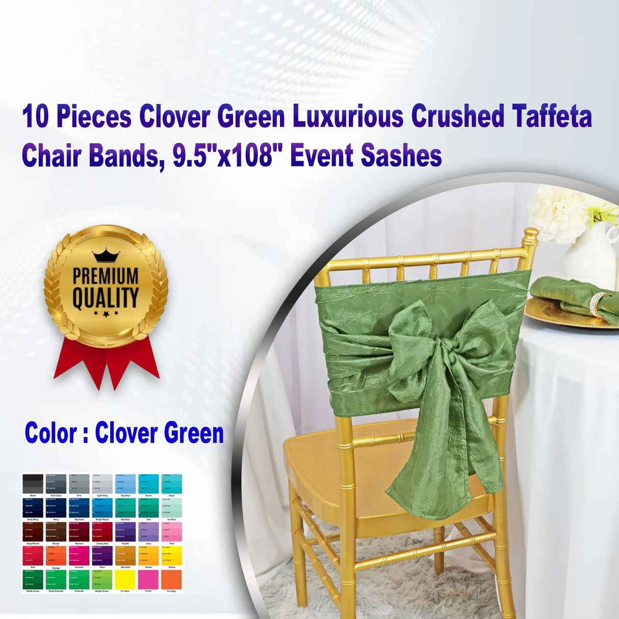 10 Pieces Clover Green Luxurious Crushed Taffeta Chair Bands, 9.5"x108" Event Sashes