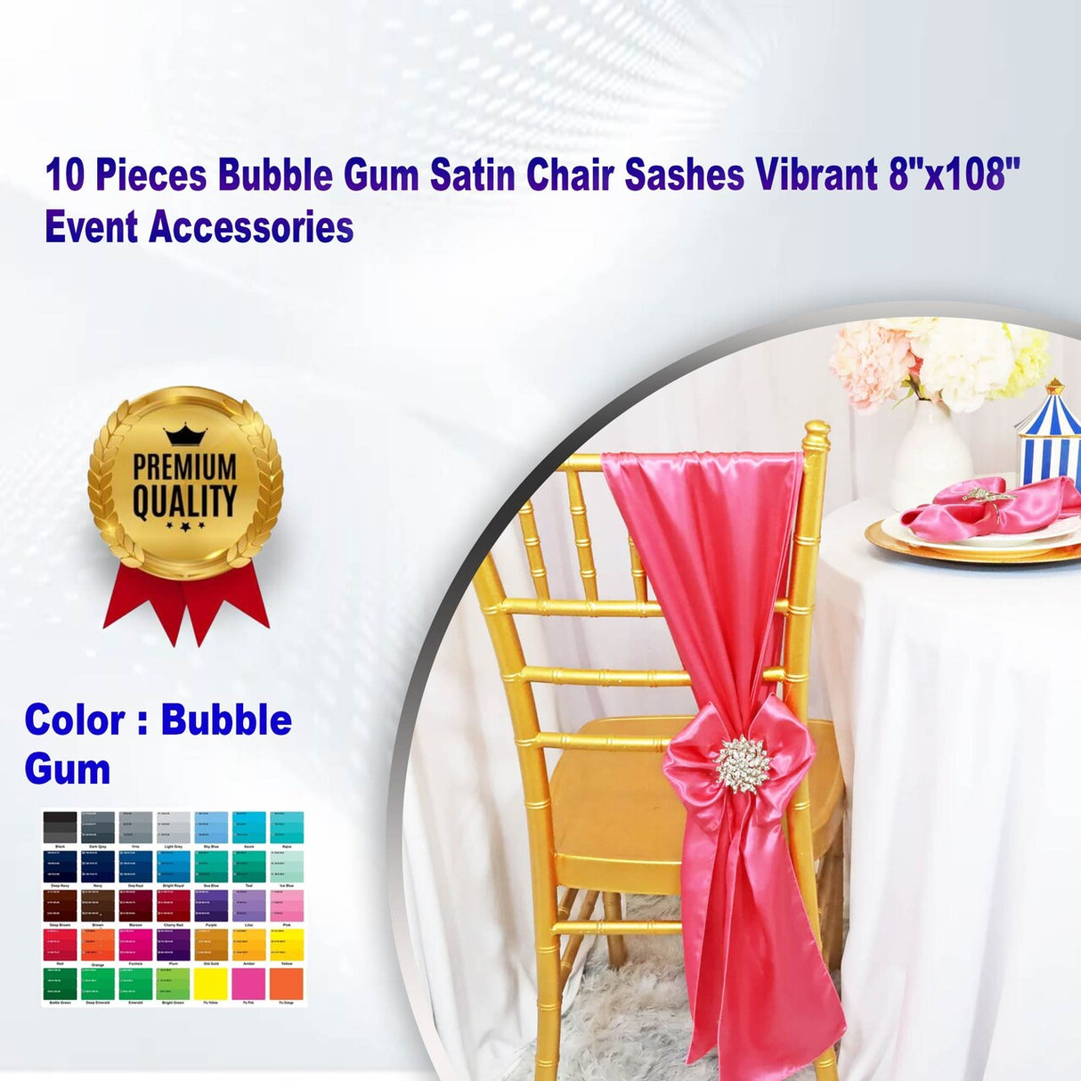 10 Pieces Bubble Gum Satin Chair Sashes Vibrant 8"x108" Event Accessories