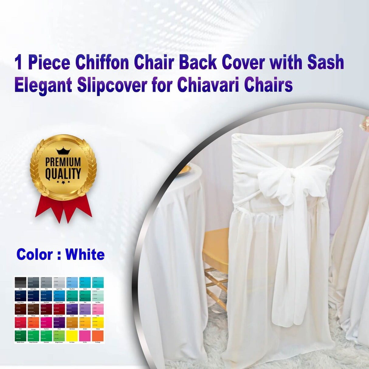 1 Piece White Chiffon Chair Back Cover with Sash Elegant Slipcover for Chiavari Chairs