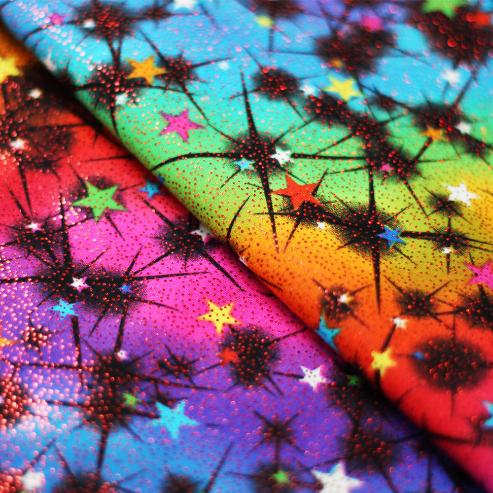 Pretty Cosmos Nylon Spandex Fabric - Galaxy Star Print, Black/White Multi, 58/60" Width (1 Yard)