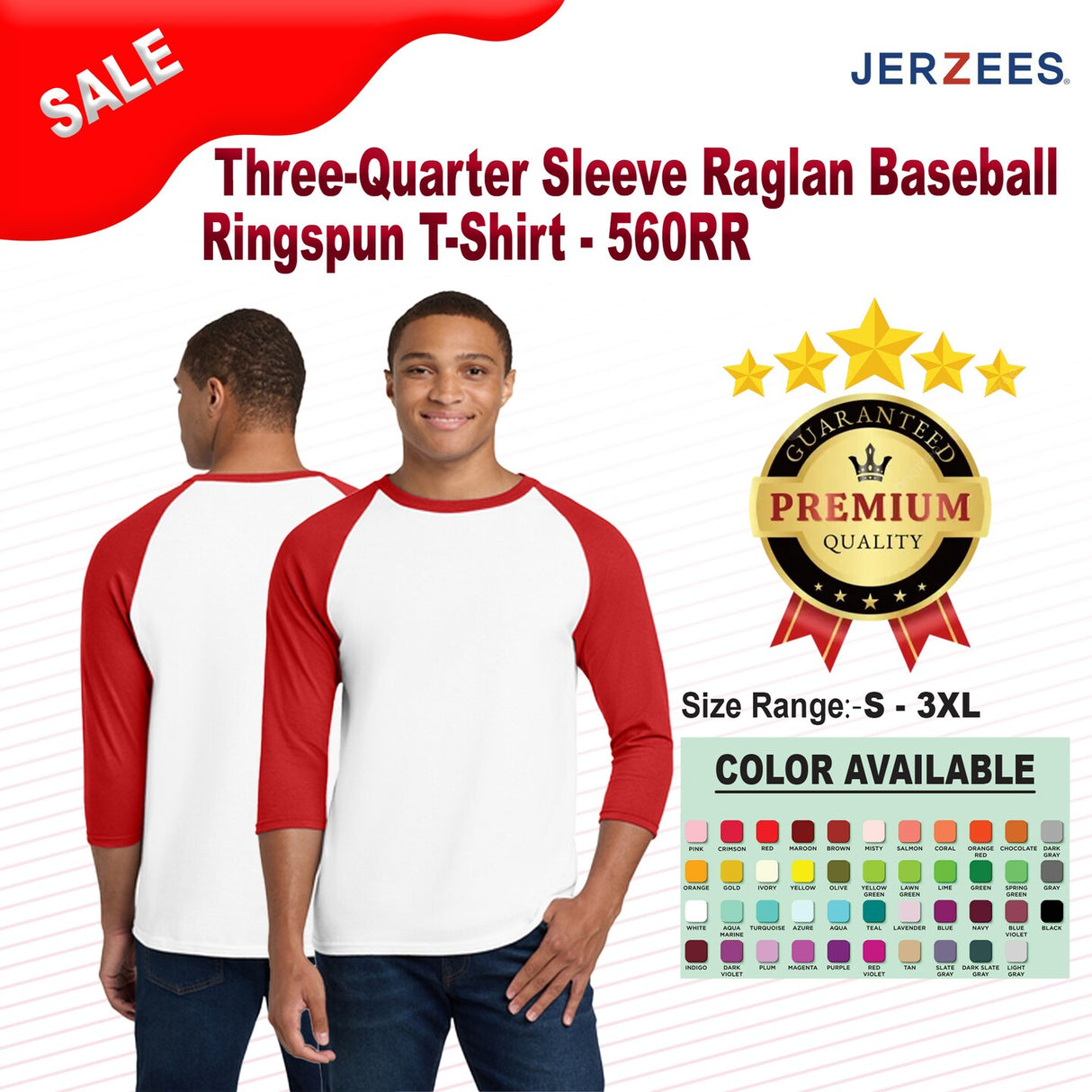 JERZEES® Three-Quarter Sleeve Raglan Baseball Ringspun Crewneck T-Shirt