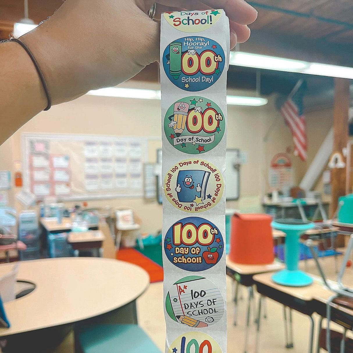 1 1/2" 100th Day of School Multicolor Paper Sticker Roll 100 Pc
