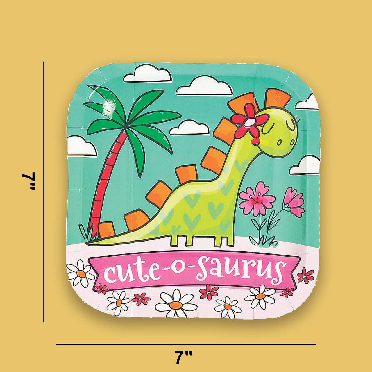 8 Ct. Girl Dinosaur Party Cute-O-Saurus Square Paper Dessert Plates 6.5" Birthday Plates