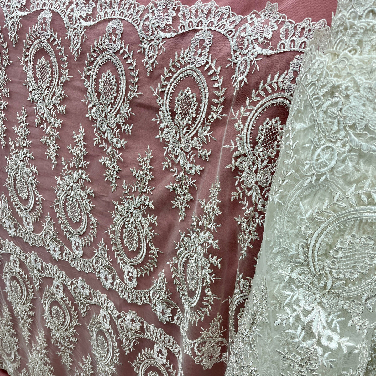 1 Yard 48" Wide Corded Bridal Lace Fabric Embroidered on 100% Polyester Net Mesh