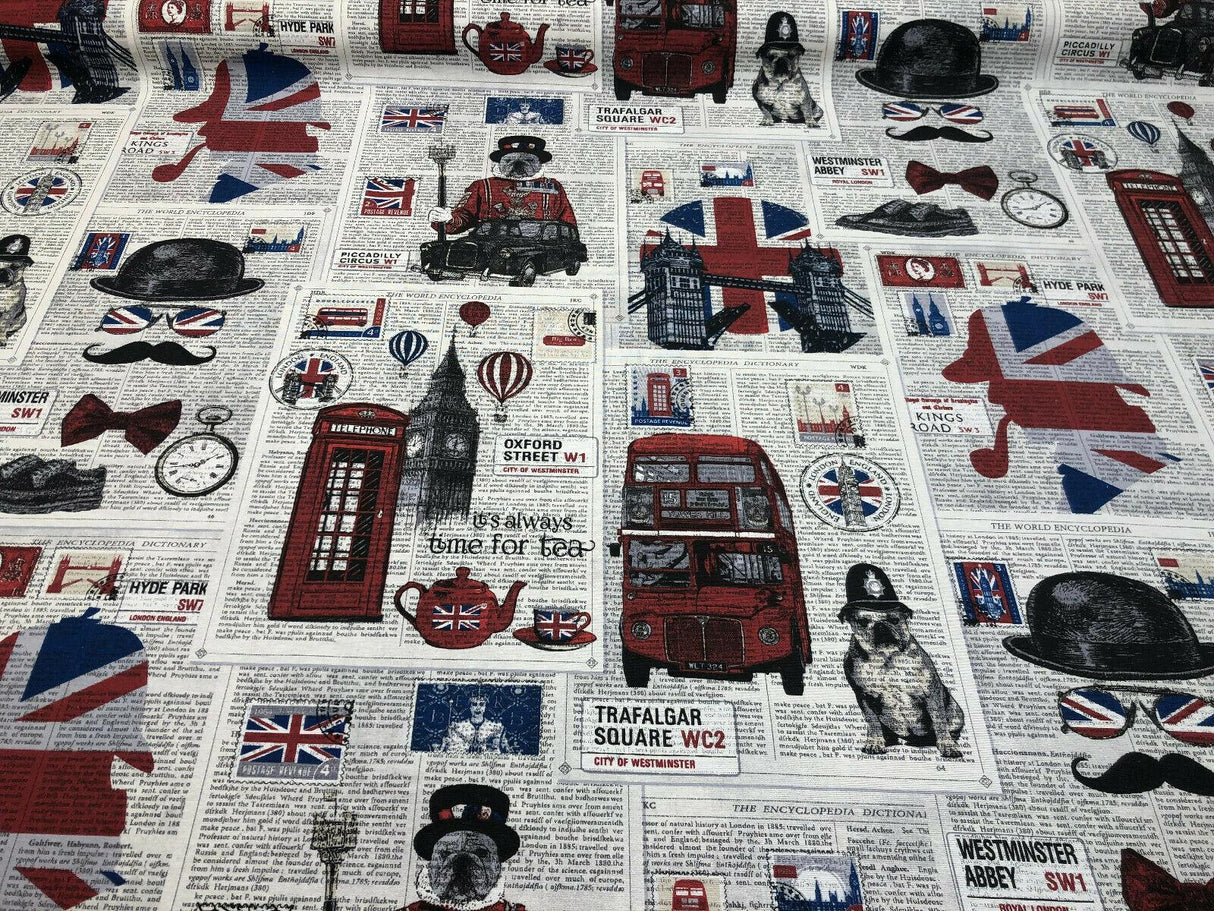 British Westminster Abbey London Cotton Fabric - Oxford Street, Westminster Abbey, Trafalgar Square, Big Ben, Red Blue White Black, 54" Width (By The Yard)