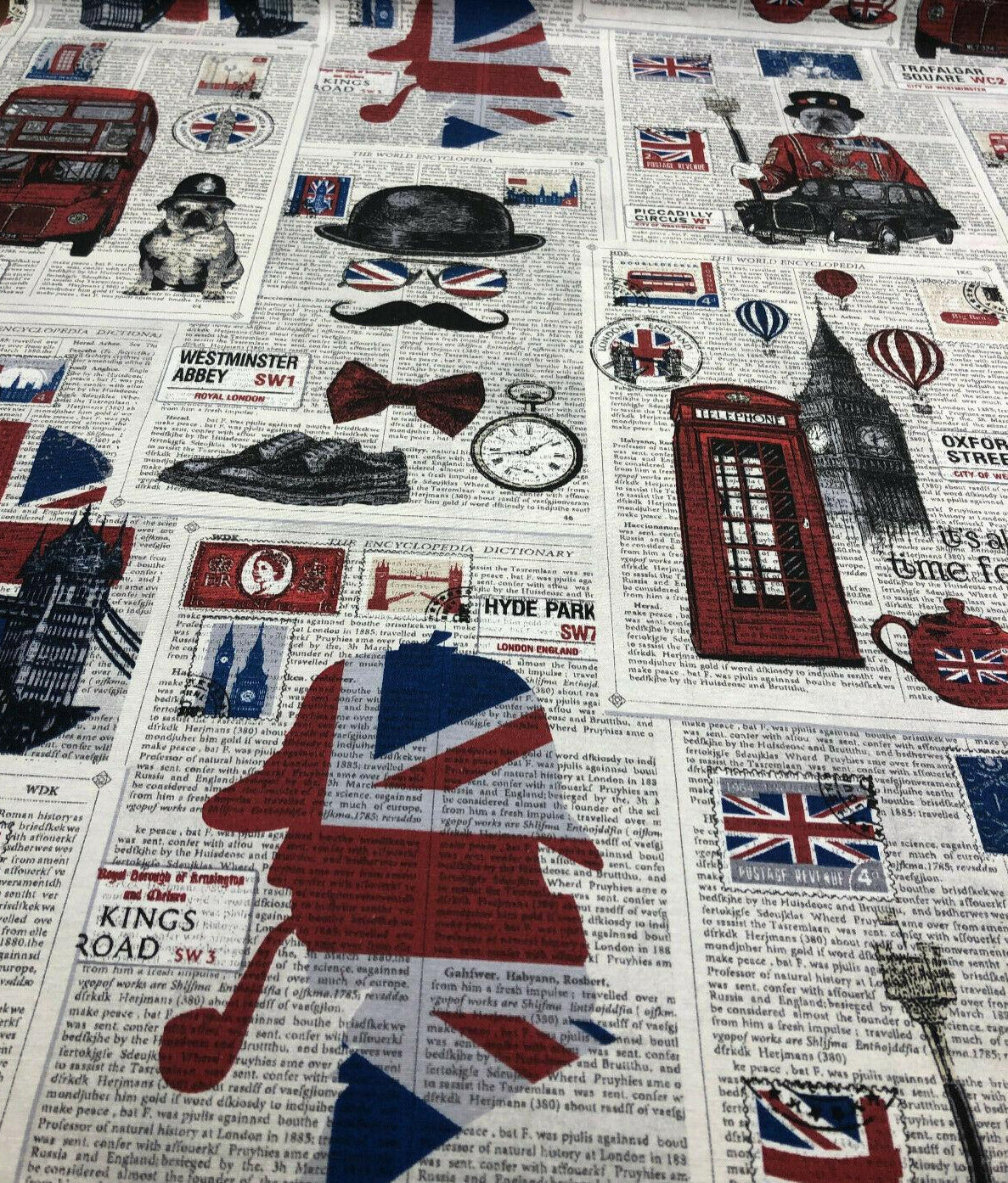 British Westminster Abbey London Cotton Fabric - Oxford Street, Westminster Abbey, Trafalgar Square, Big Ben, Red Blue White Black, 54" Width (By The Yard)