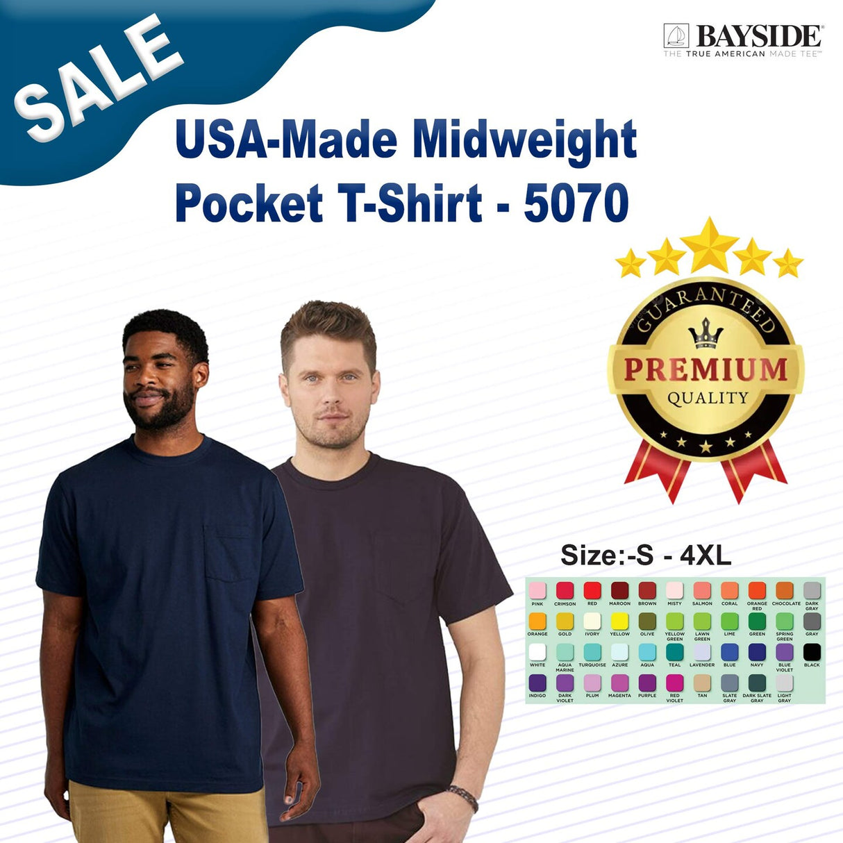 Bayside® USA-Made Midweight Pocket Crewneck Half Sleeve T-Shirt