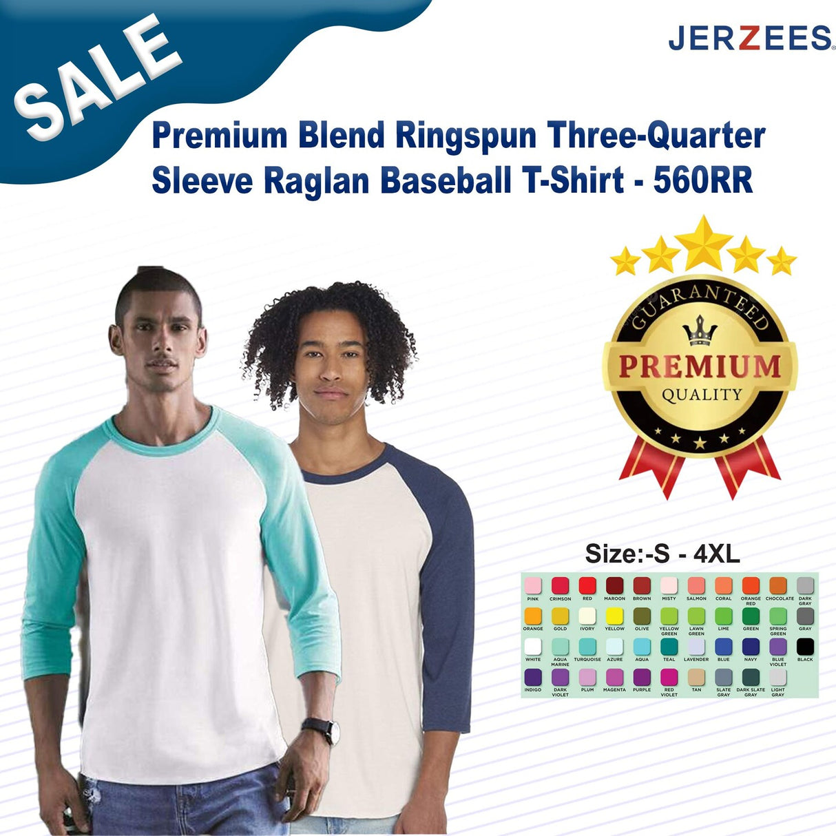 JERZEES® Three Quarter Sleeve Raglan Crewneck Baseball T-Shirt