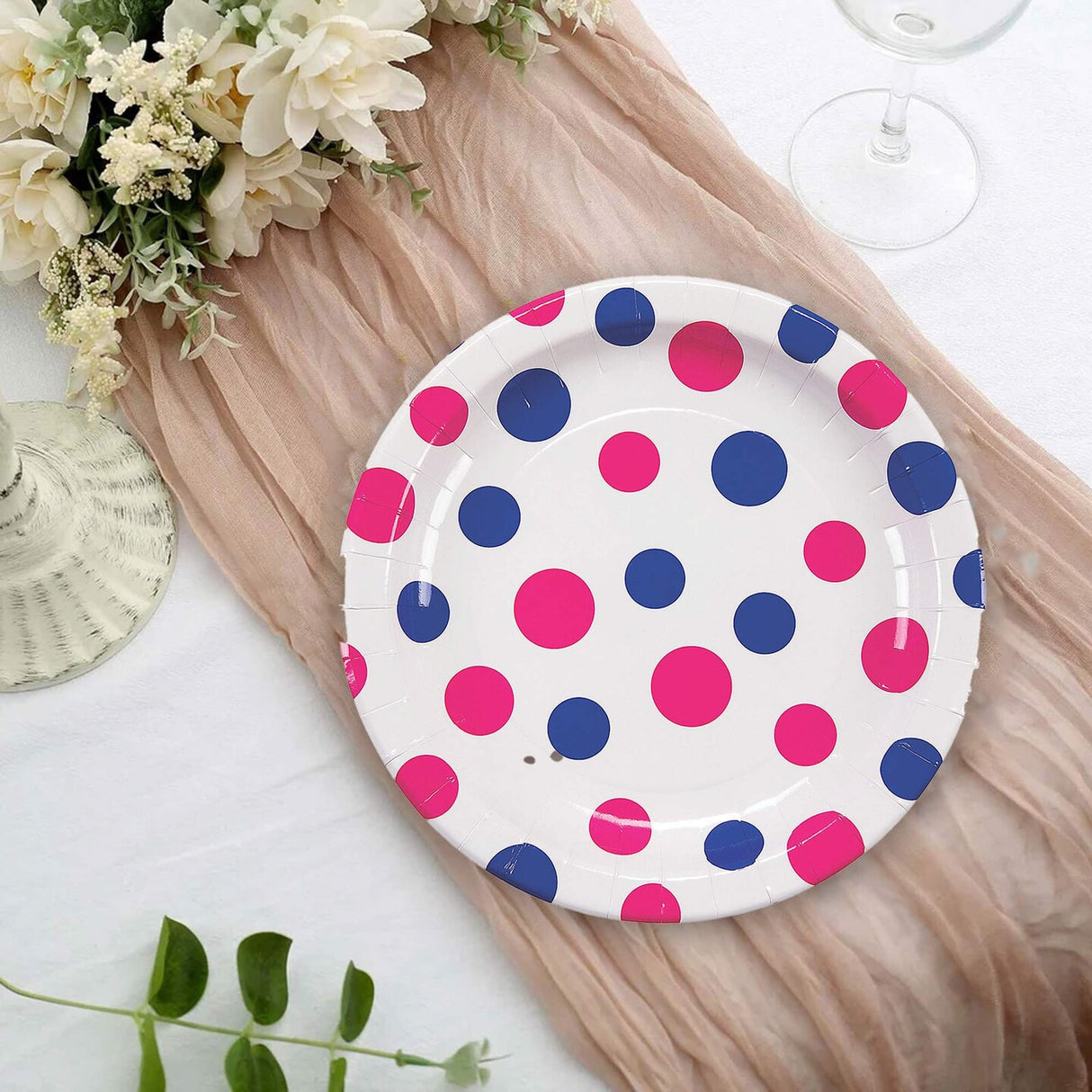 8 Count Pink and Blue Polka Dot Paper Dinner Plates 9 Inch Gender Reveal Baby Shower Supplies