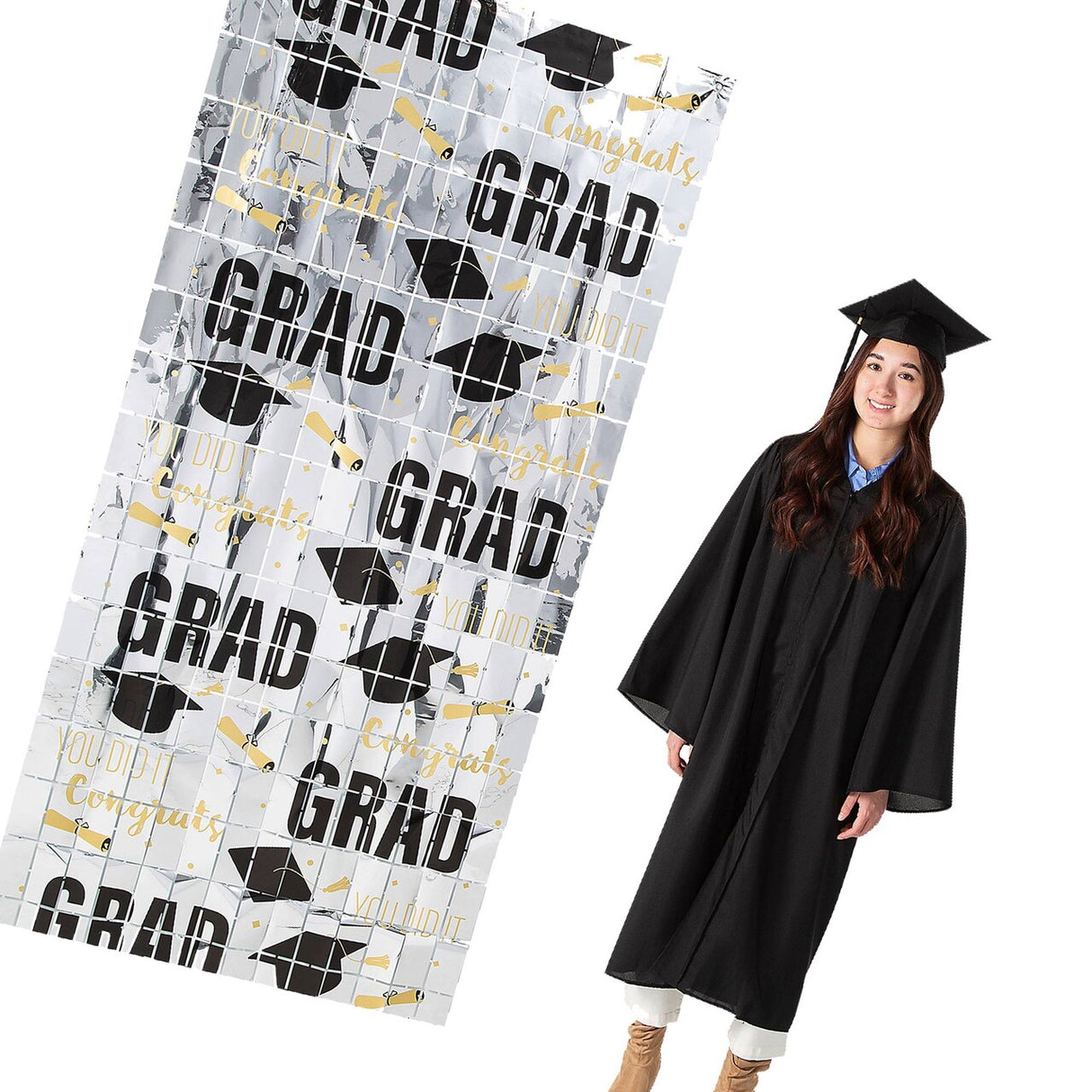 38" x 78" Metallic Silvertone Congrats Grad Mortarboard Curtain