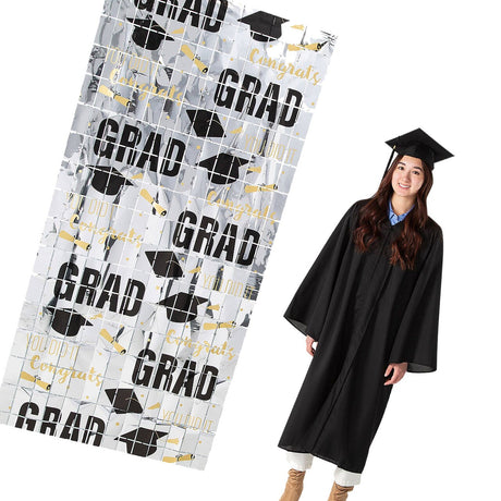 38" x 78" Metallic Silvertone Congrats Grad Mortarboard Curtain