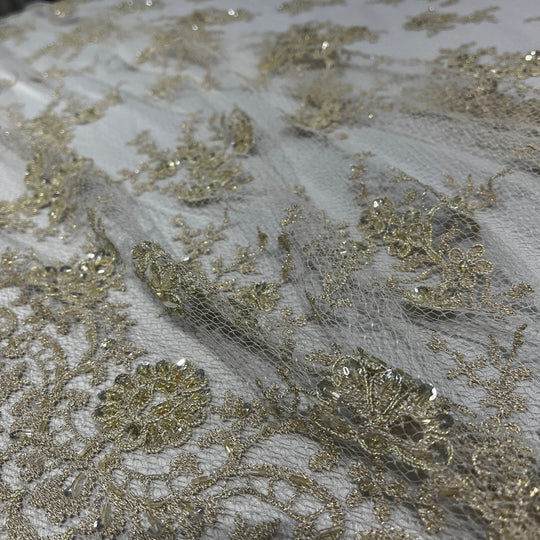 1 Yard Elegant Beaded Lace Fabric Embroidered on Polyester Net Mesh