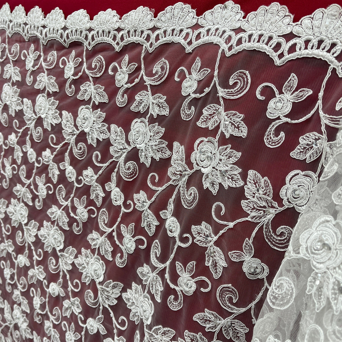 1 Yard 52" Wide Beaded & Corded Bridal Lace Fabric Embroidered on 100% Polyester Net Mesh