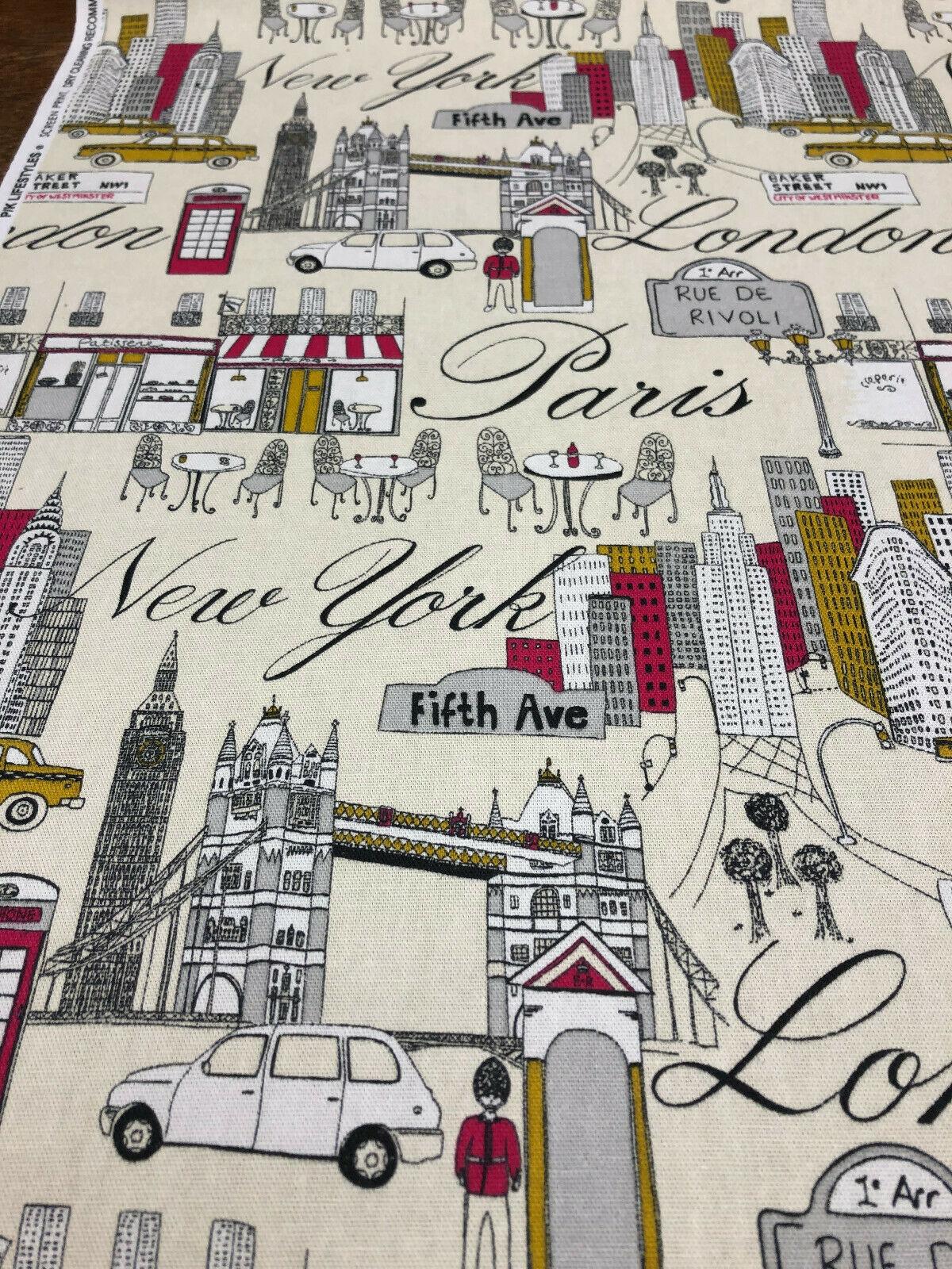 Cityscape Fiesta Cotton Fabric - Paris London New York Cityscape, Beige Background, 45" Width (1 Yard)